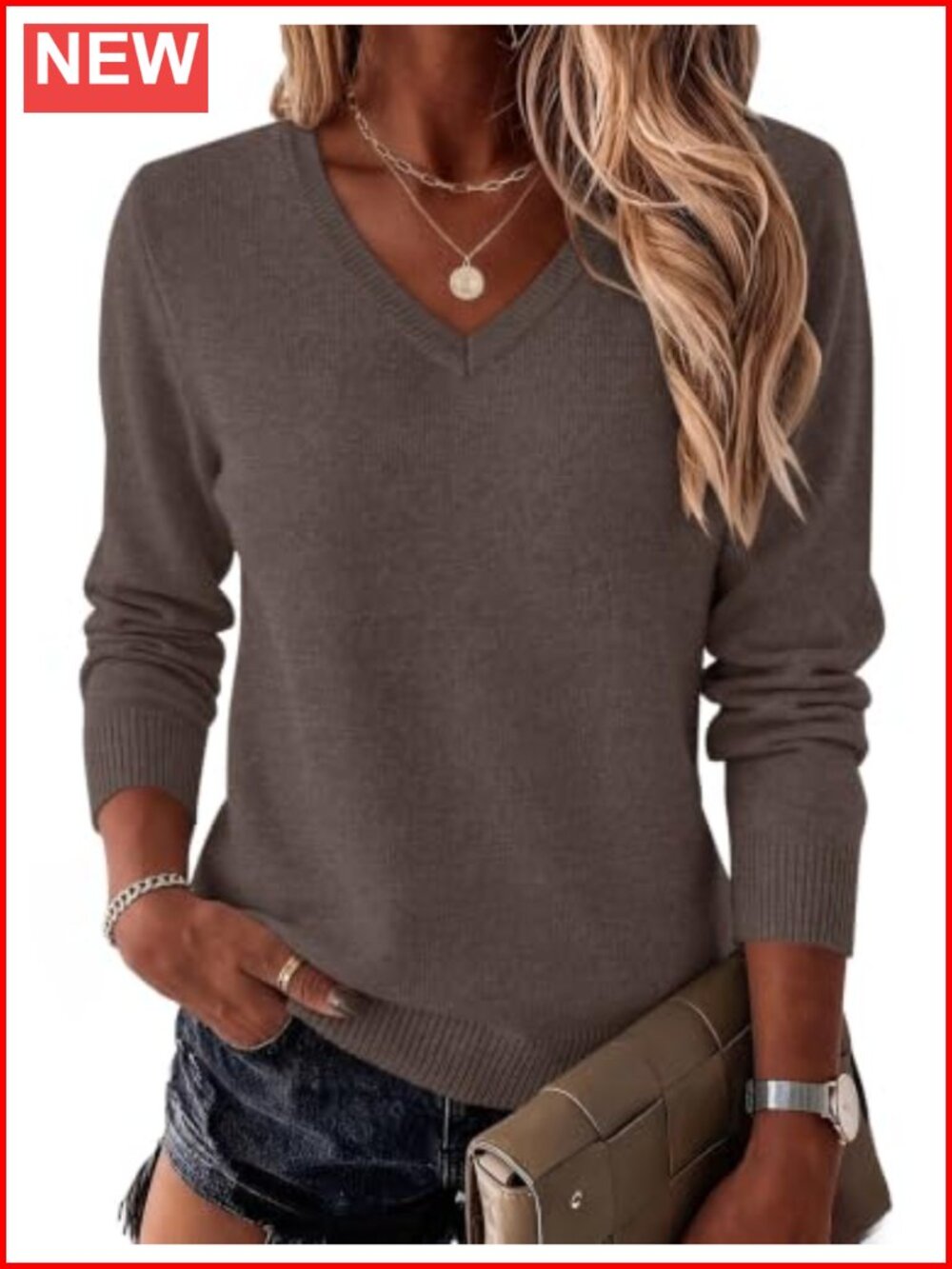 Wool Blend V-Neck Pullover Sweater Long Sleeve Knit Top Fall